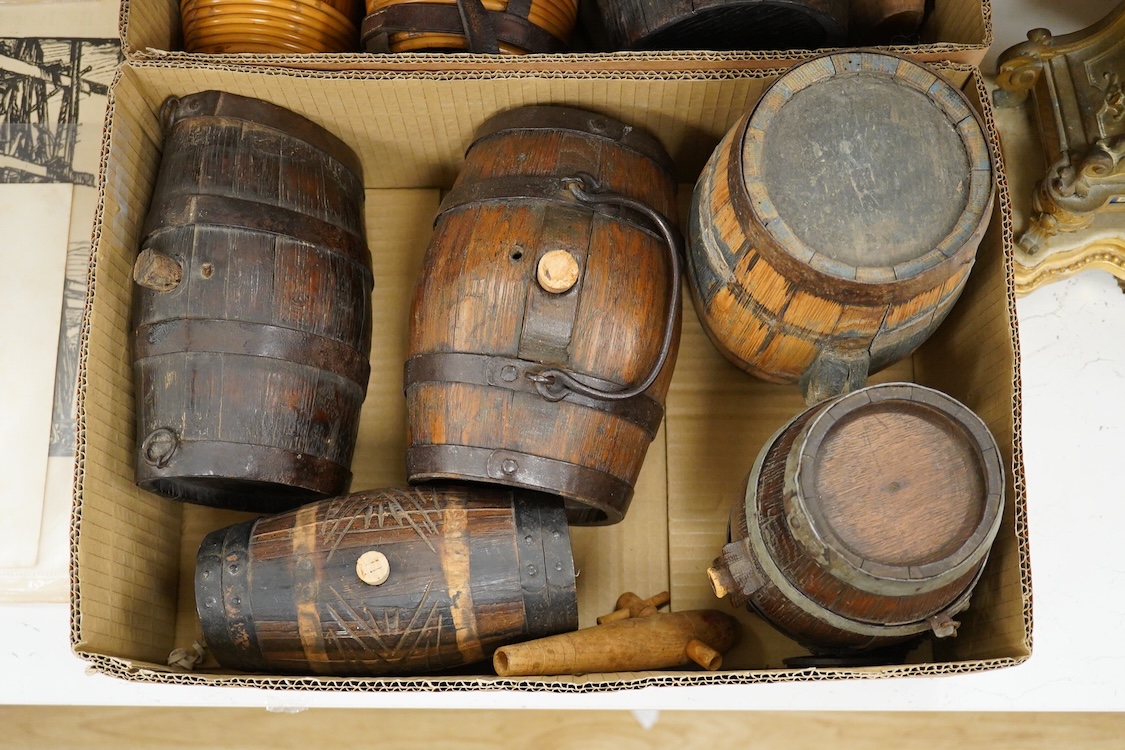 A collection of 19th and 20th century Costrels, some coopered oak, largest 27cm wide